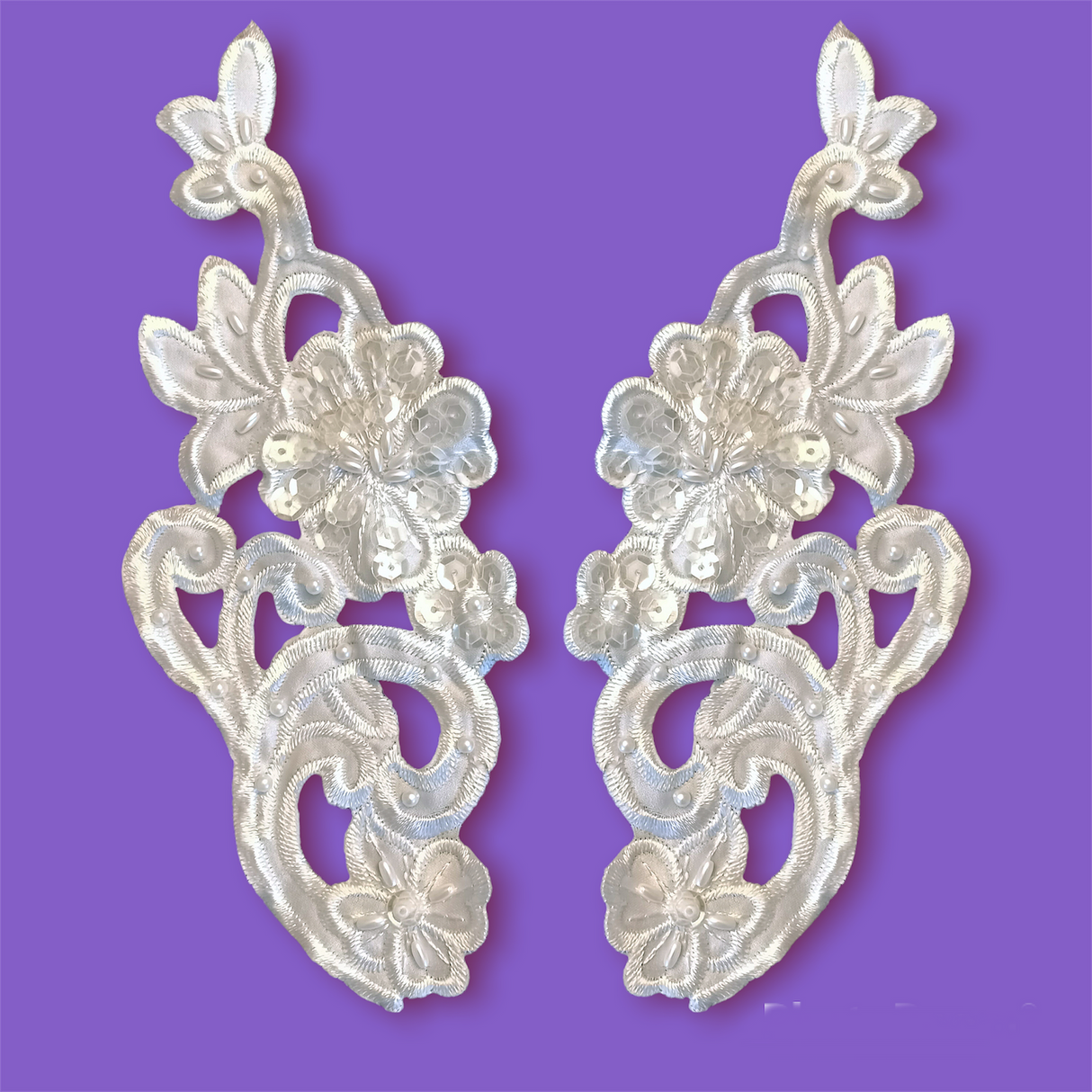 1 Pair Beaded Lace Applique Embroidered on 100% Polyester Satin 9.25" x 3.75" Each Side