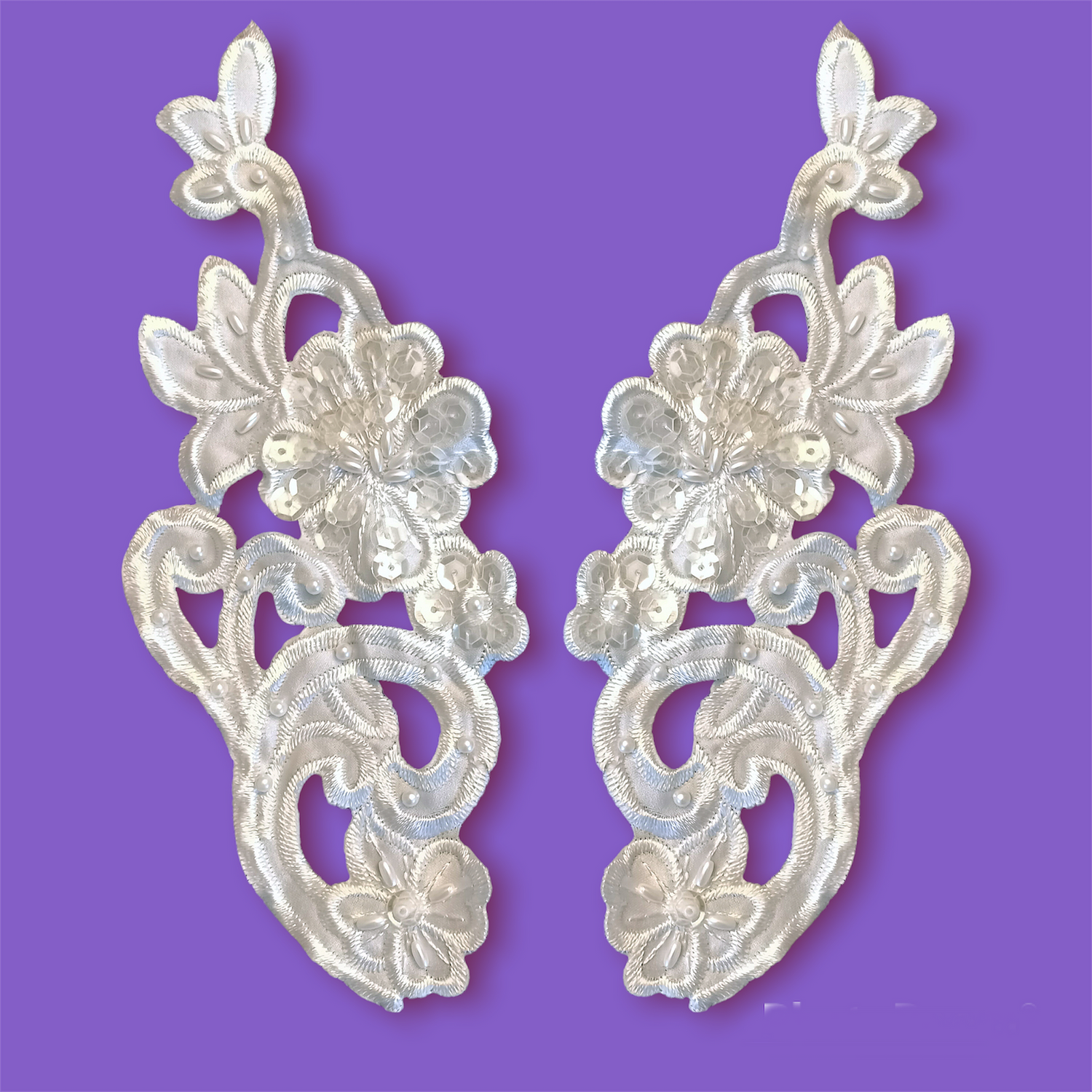 1 Pair Beaded Lace Applique Embroidered on 100% Polyester Satin 9.25" x 3.75" Each Side