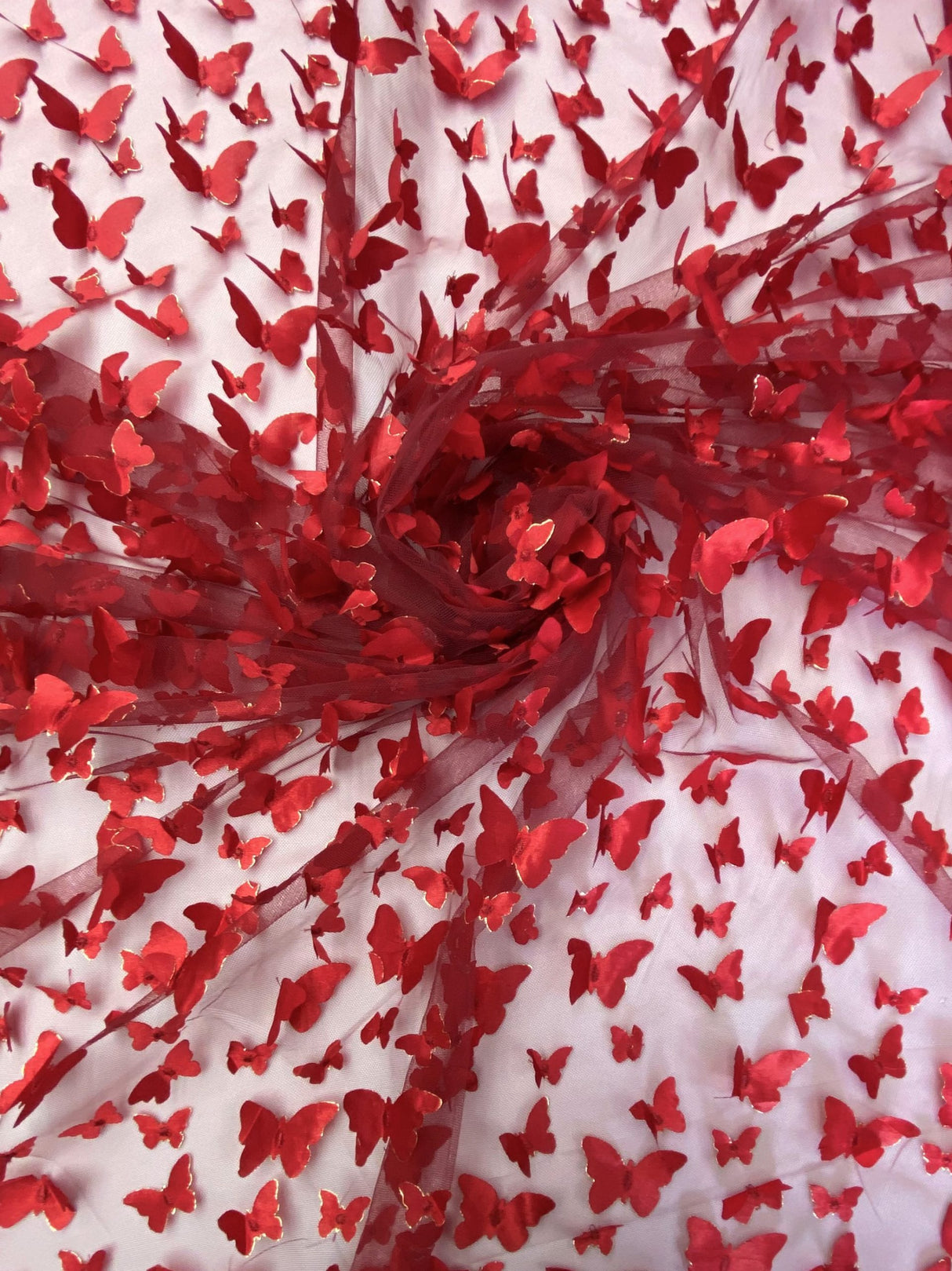 3D Butterflies Apple Red Polyester Mesh Fabric - Light Weight Satin Butterflies, Apple Red, 54" Width