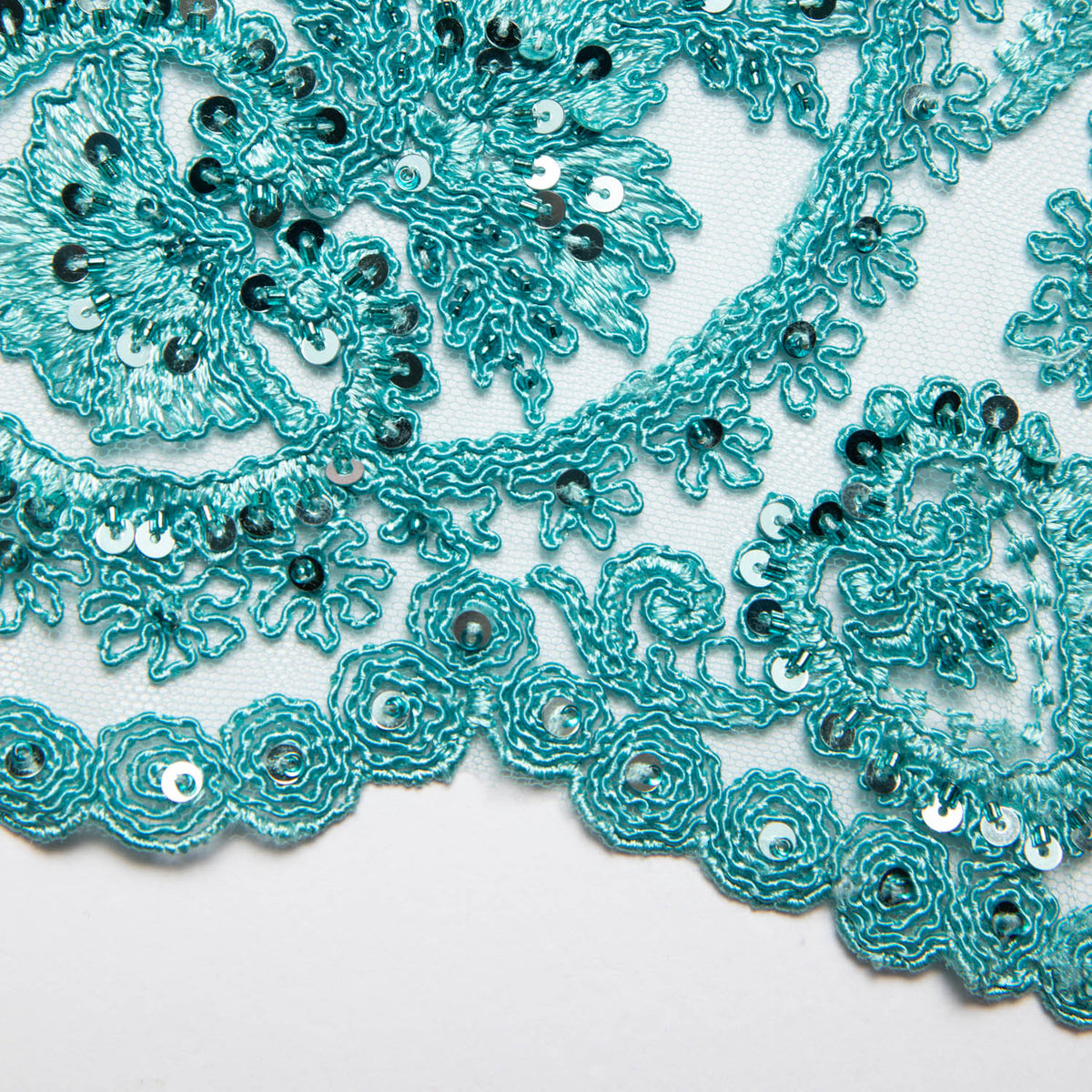 1 Yard Tulle Lace Fabric Embroidered with Sequins and Intricate Floral Pattern, 52" Wide