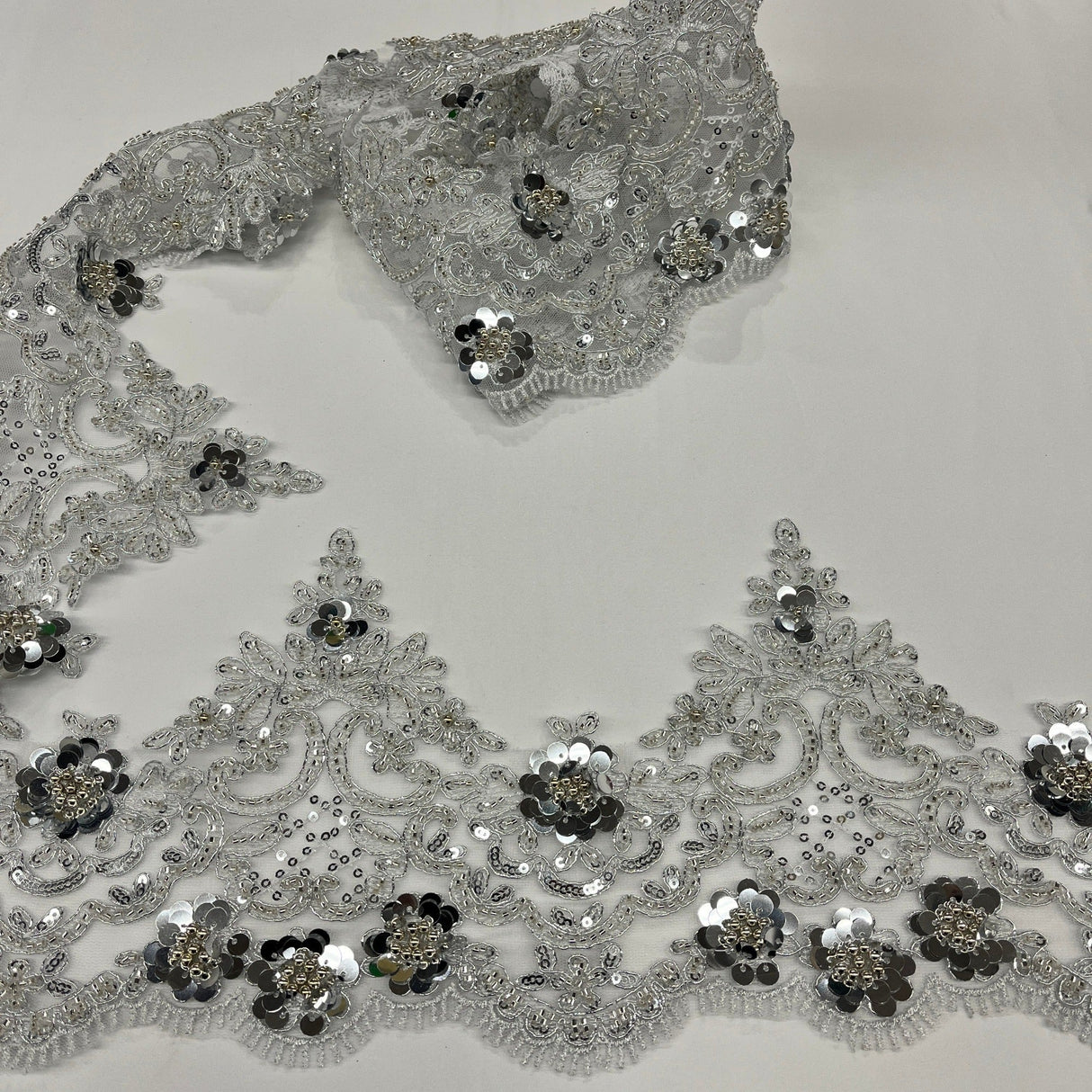 Beaded Corded Floral Lace Trim 7" Wide