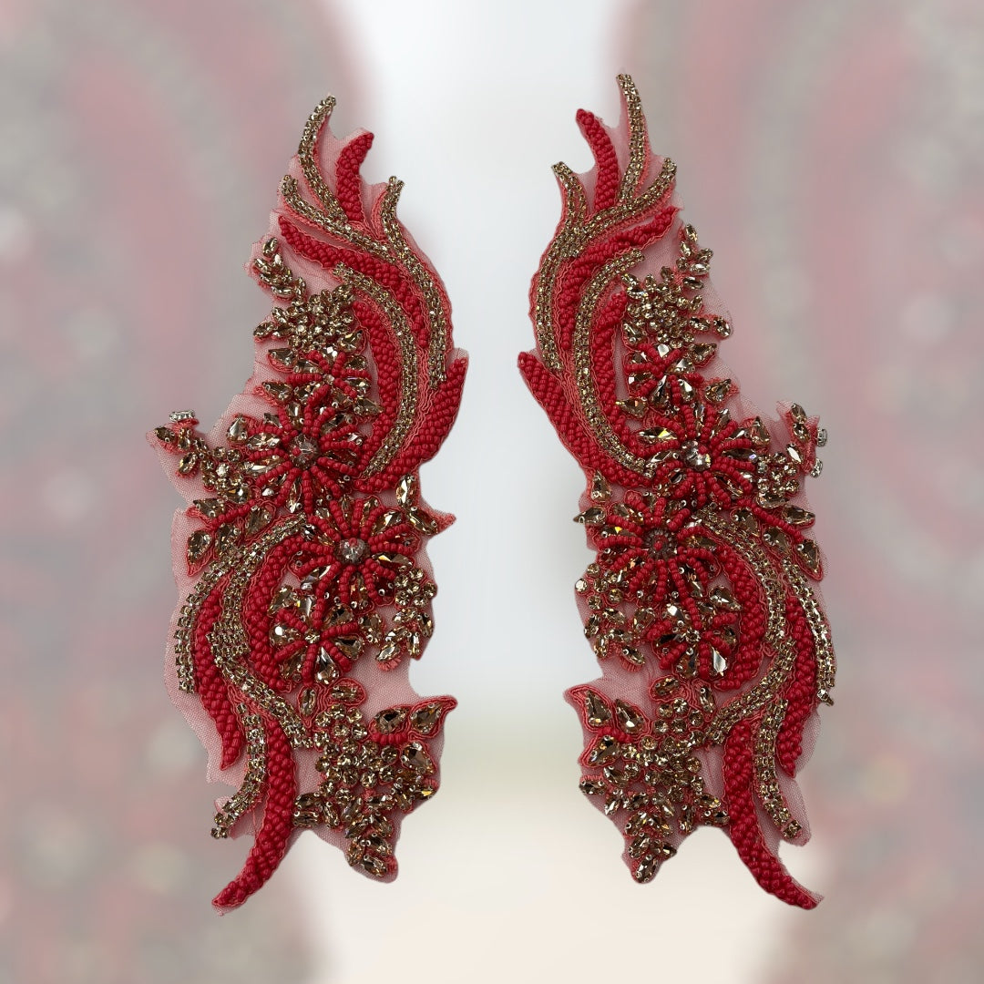 Rhinestone Applique Floral Lace Pair 14" x 4"