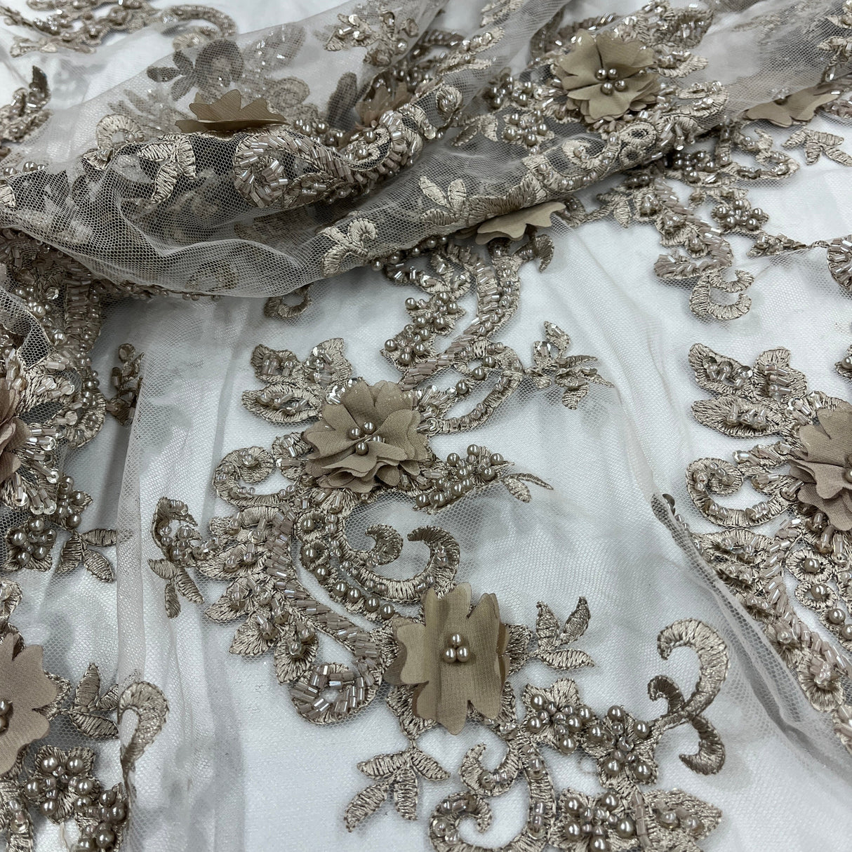 Beaded Floral Lace Fabric 3D Embroidered Net Mesh 52" Wide