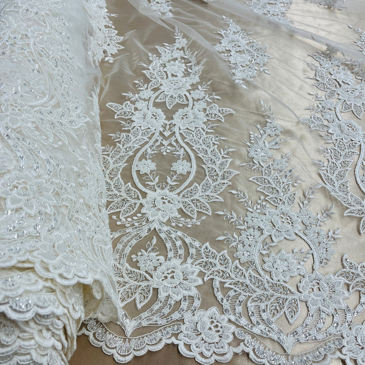Beaded Corded Bridal Lace Fabric