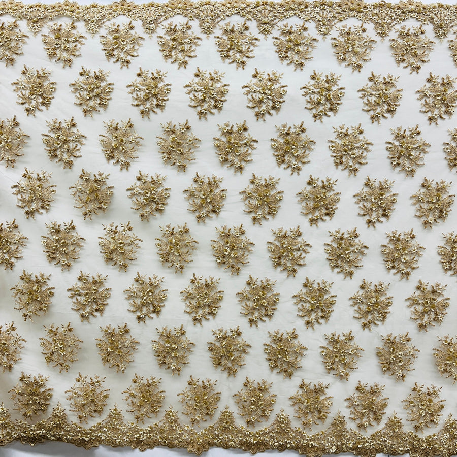 1 Yard Beaded 3D Floral Lace Fabric Embroidered on 100 Percent Polyester Net Mesh 50 Inch Width
