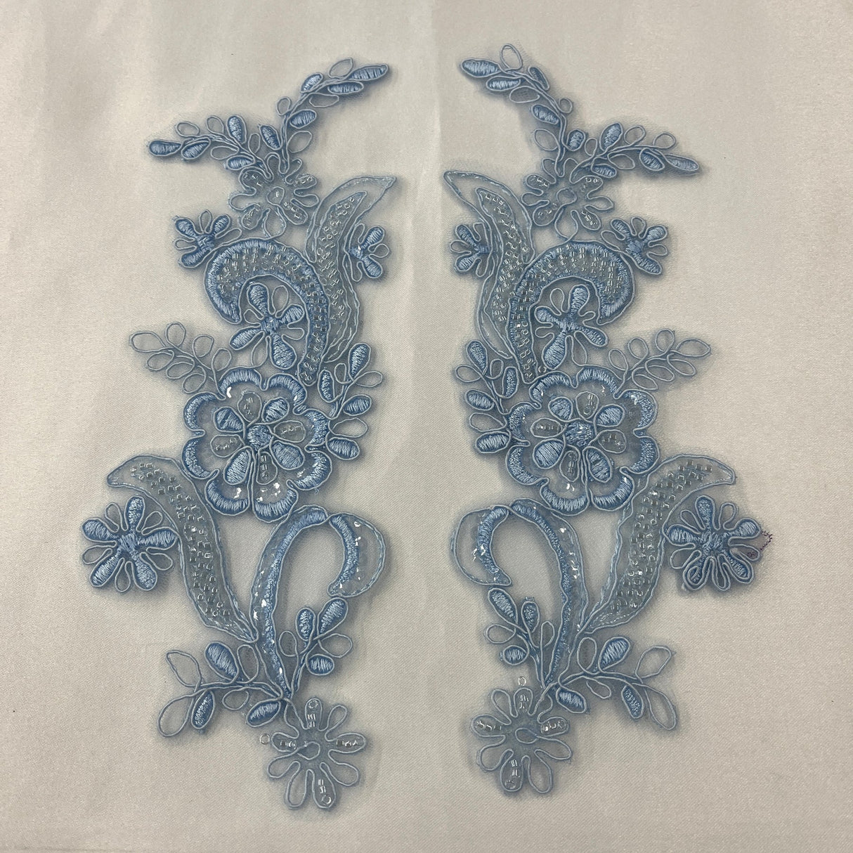 1 Pair Beaded & Corded Floral Lace Applique 9" x 2.5" Each Side