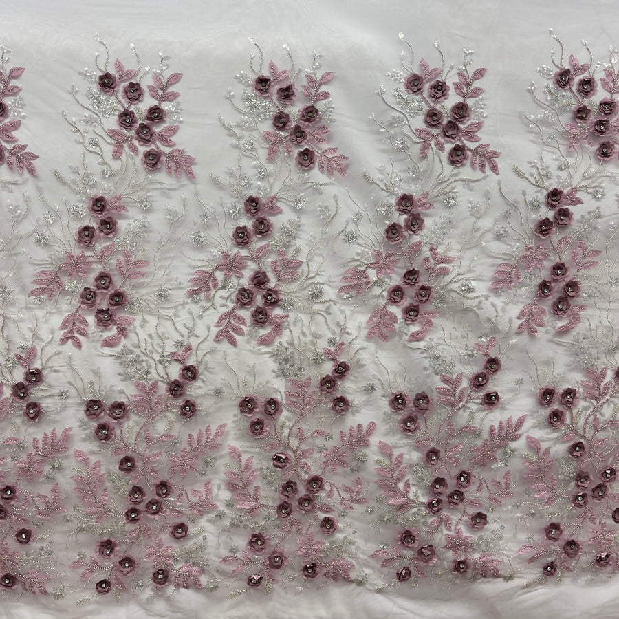 1 Yard Beaded 3D Floral Lace Fabric Embroidered on 100% Polyester Net Mesh