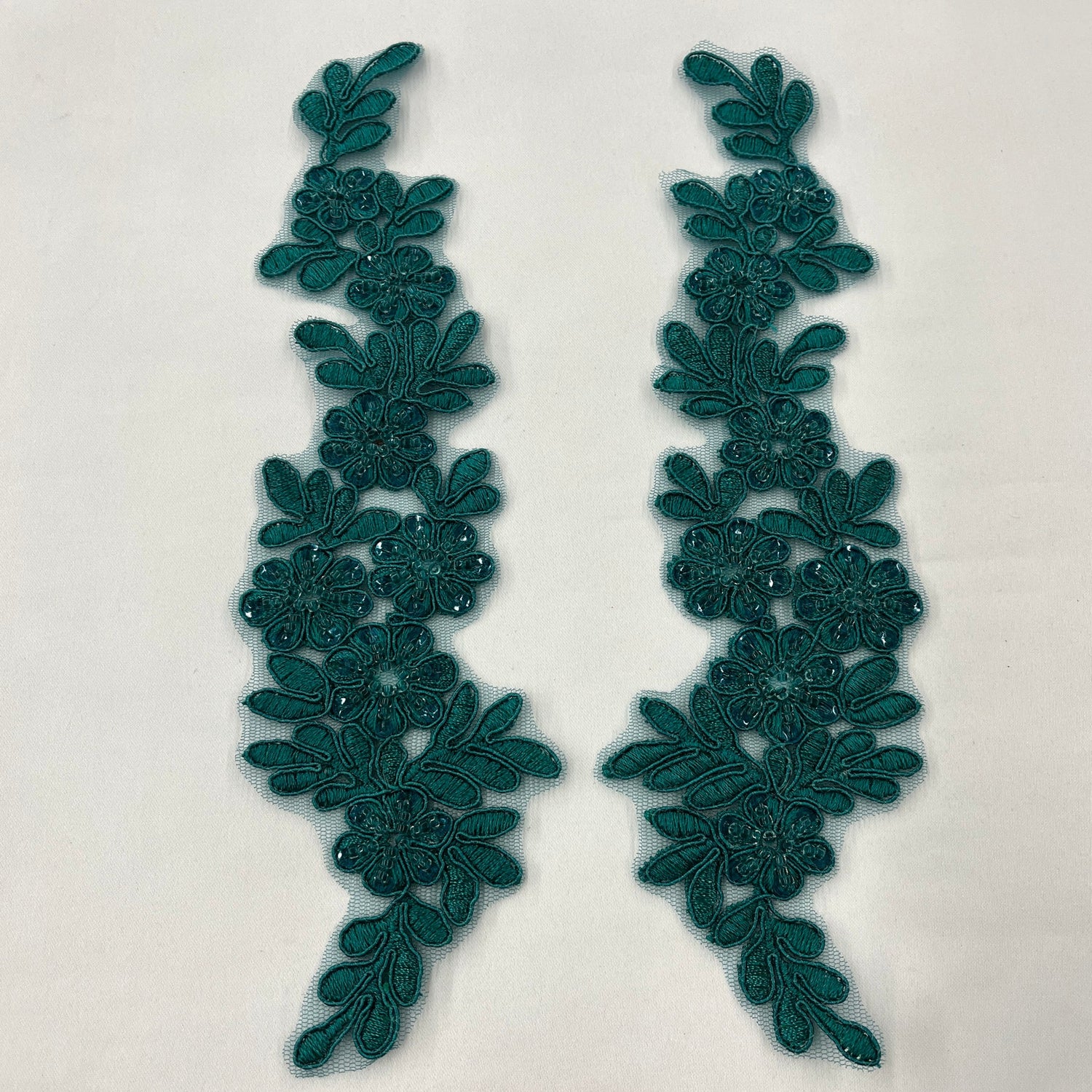 1 Pair 9.5" x 2" Each Side Beaded & Corded Floral Lace Applique Embroidered on 100% Polyester Net Mesh