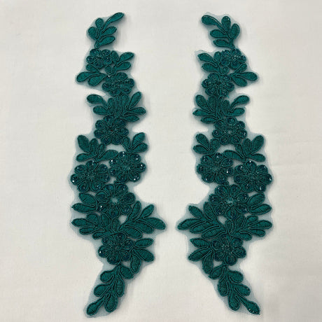 1 Pair 9.5" x 2" Each Side Beaded & Corded Floral Lace Applique Embroidered on 100% Polyester Net Mesh
