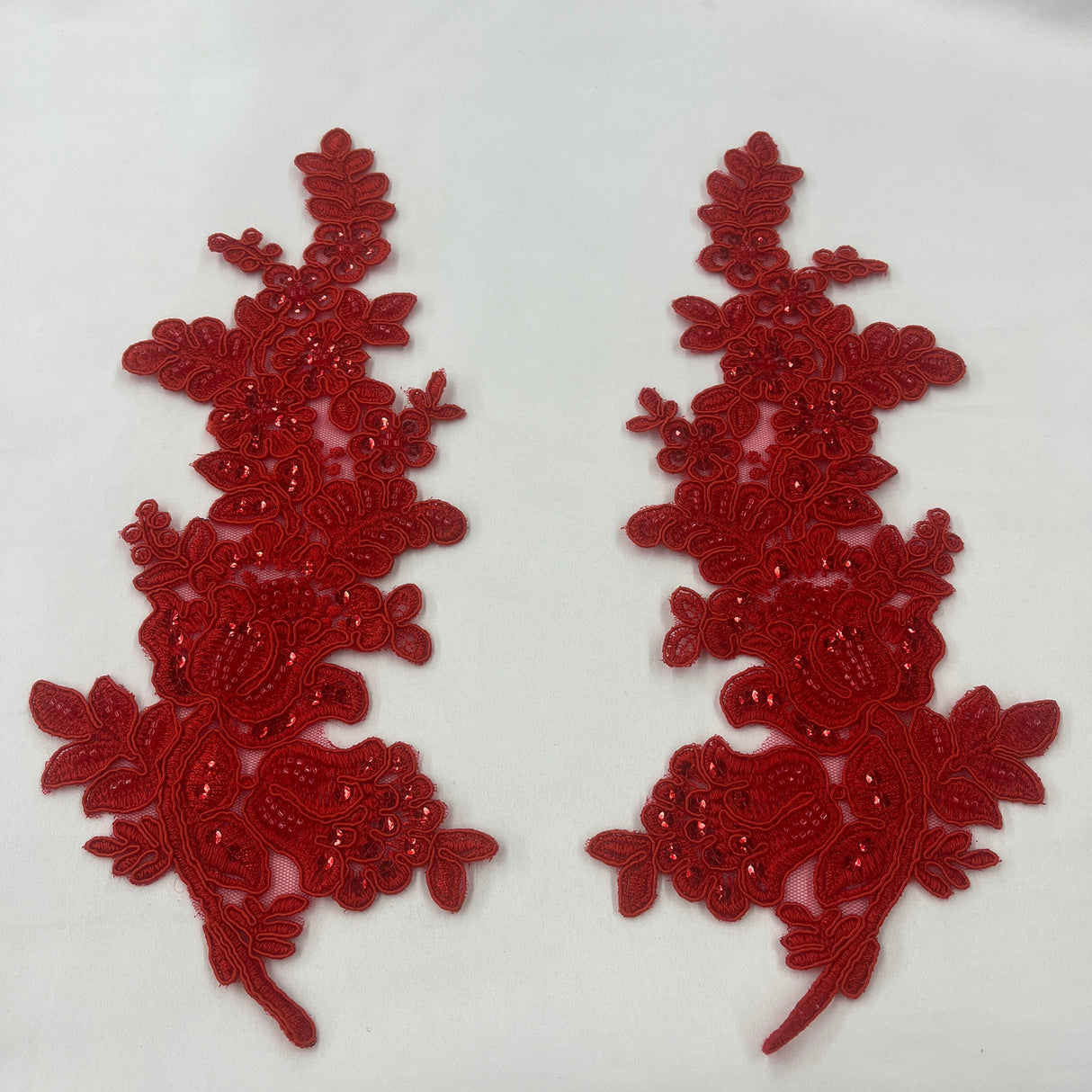 Beaded Corded Floral Lace Applique 100 Percent Polyester Fabric - Embroidered Net Mesh, 12" X 3.5" Each Side (1 Pair)