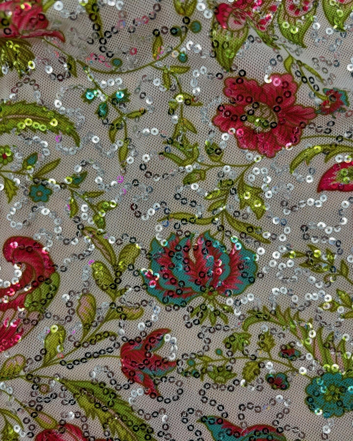 Floral Vine Sparkle Mesh Fabric - Floral Vine, Stretch Sequin Mesh, 4-Way Stretch (1 Yard)