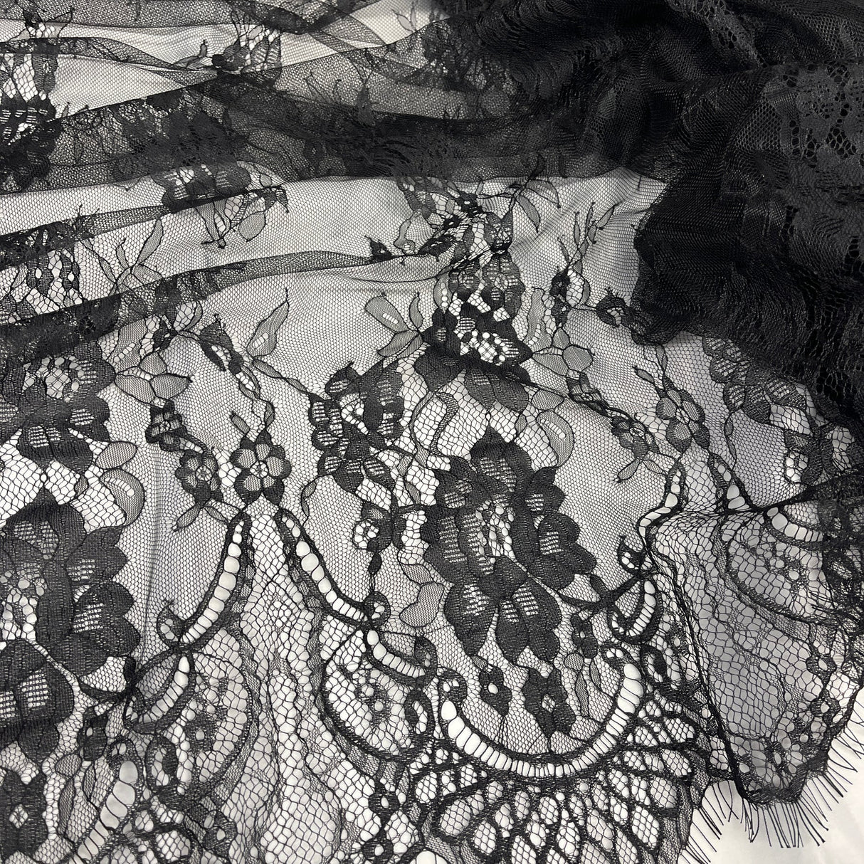 1 Yard Chantilly Embroidered Lace Fabric with Eyelash Scallop, 58" Wide French Alençon Lace for Bridal & Evening Dresses