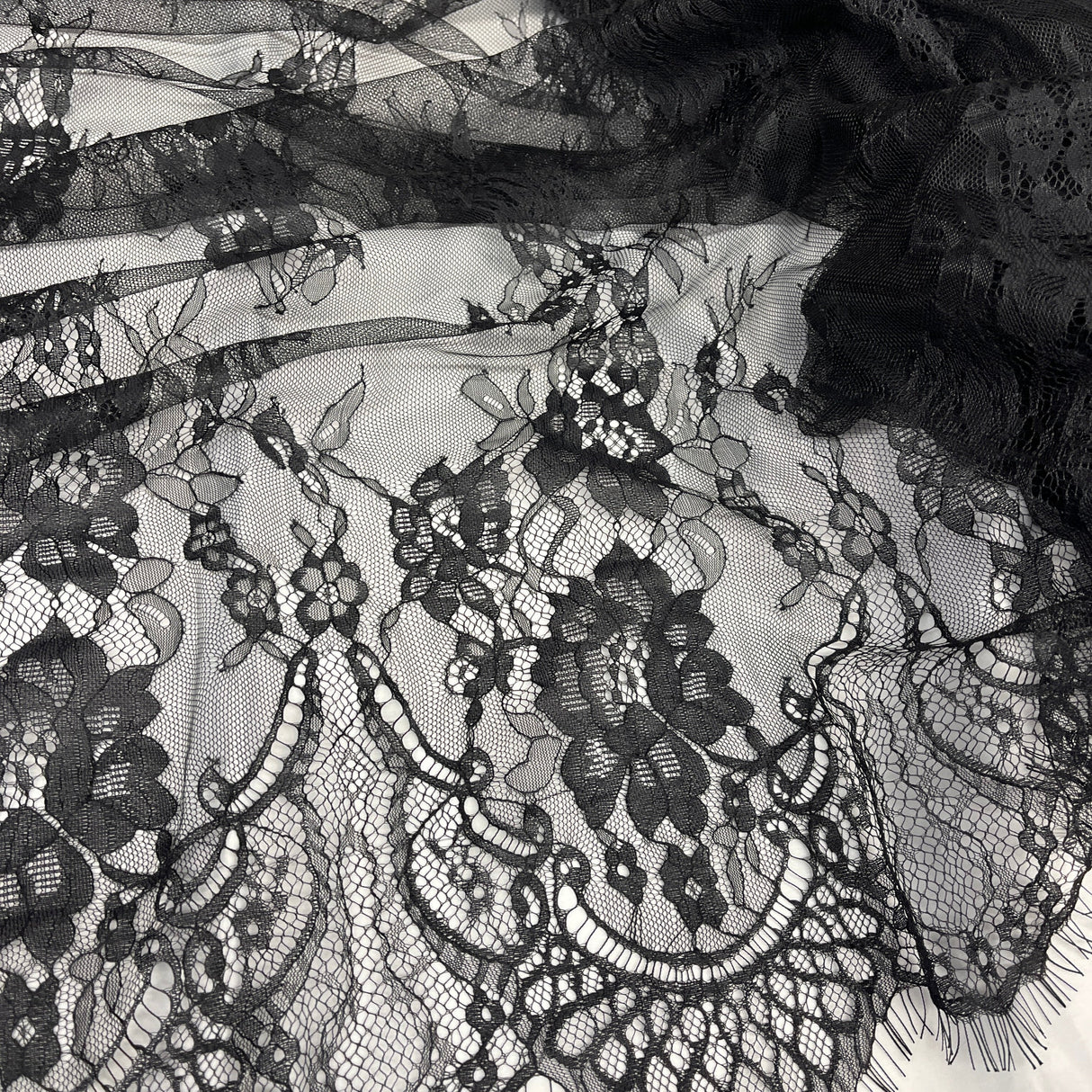 Embroidered Chantilly Lace Fabric with Eyelash Scallop