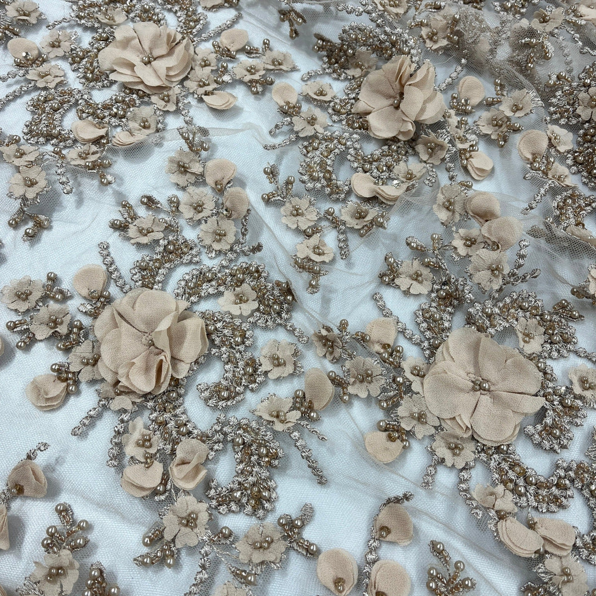 1 Yard Beaded 3D Floral Lace Fabric Embroidered on 100% Polyester Net Mesh 48" Wide