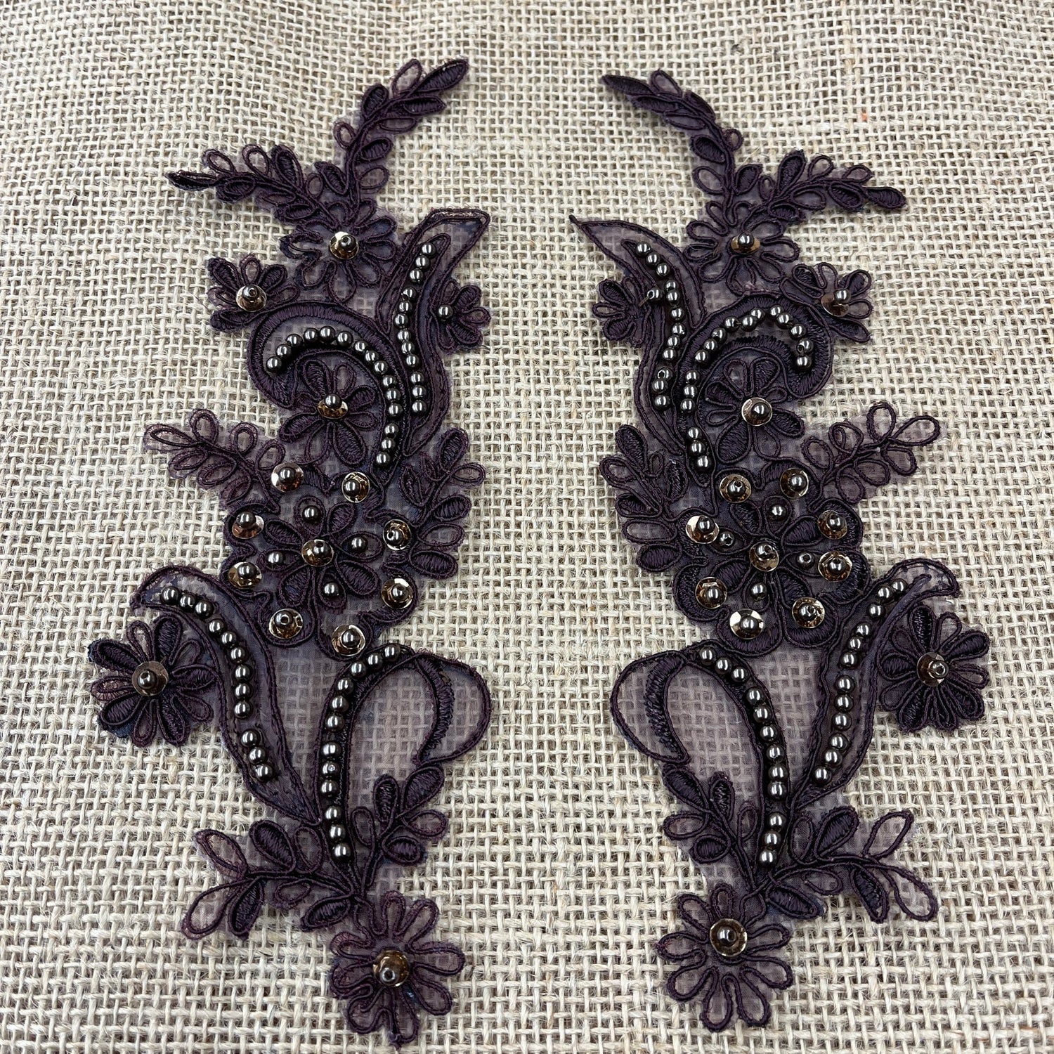 1 Pair Beaded & Corded Floral Lace Applique 9" x 2.5" Each Side