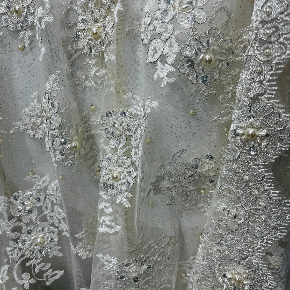 1 Yard Elegant Beaded Lace Fabric Embroidered on 100% Polyester Net Mesh for Dressmaking