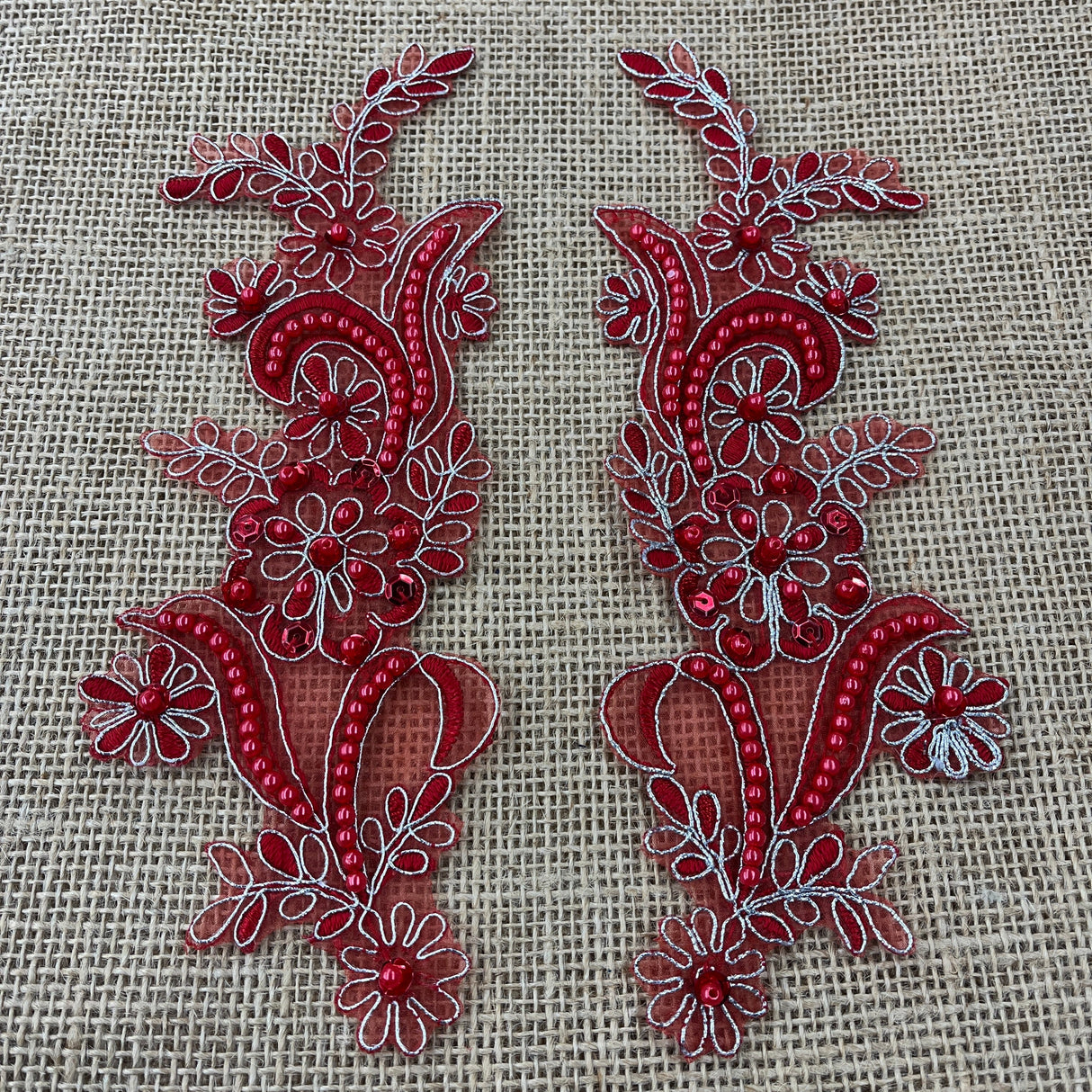 Beaded Corded Floral Lace Applique Pair