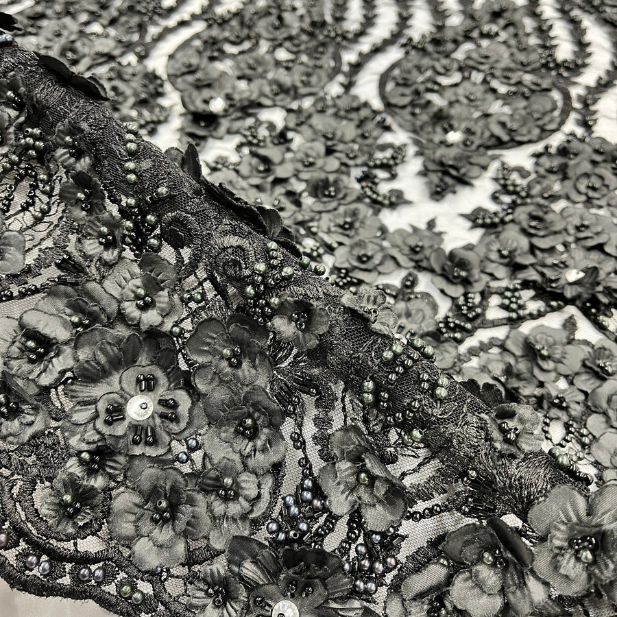 1 Yard Beaded 3D Floral Lace Fabric Embroidered on 100% Polyester Net Mesh | Lace USA - GD-363 - Ivory - 48" Width
