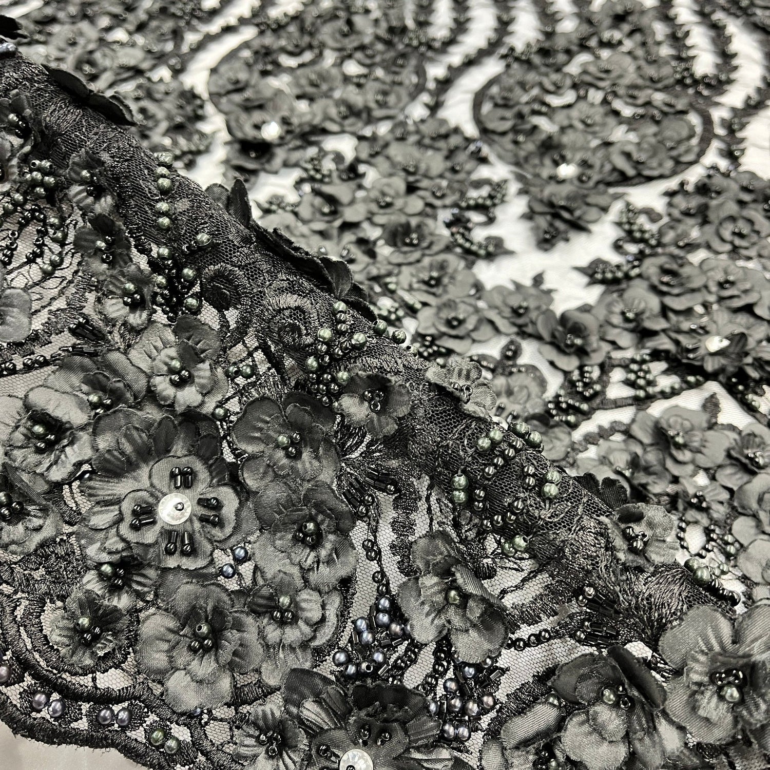 1 Yard Beaded 3D Floral Lace Fabric Embroidered 100 Percent Polyester Net Mesh 48 inch Width
