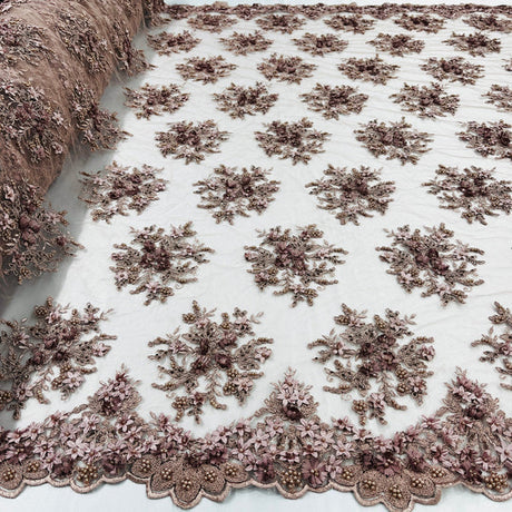 1 Yard Beaded 3D Floral Lace Fabric Embroidered 100 Percent Polyester Net Mesh 50 inch Width