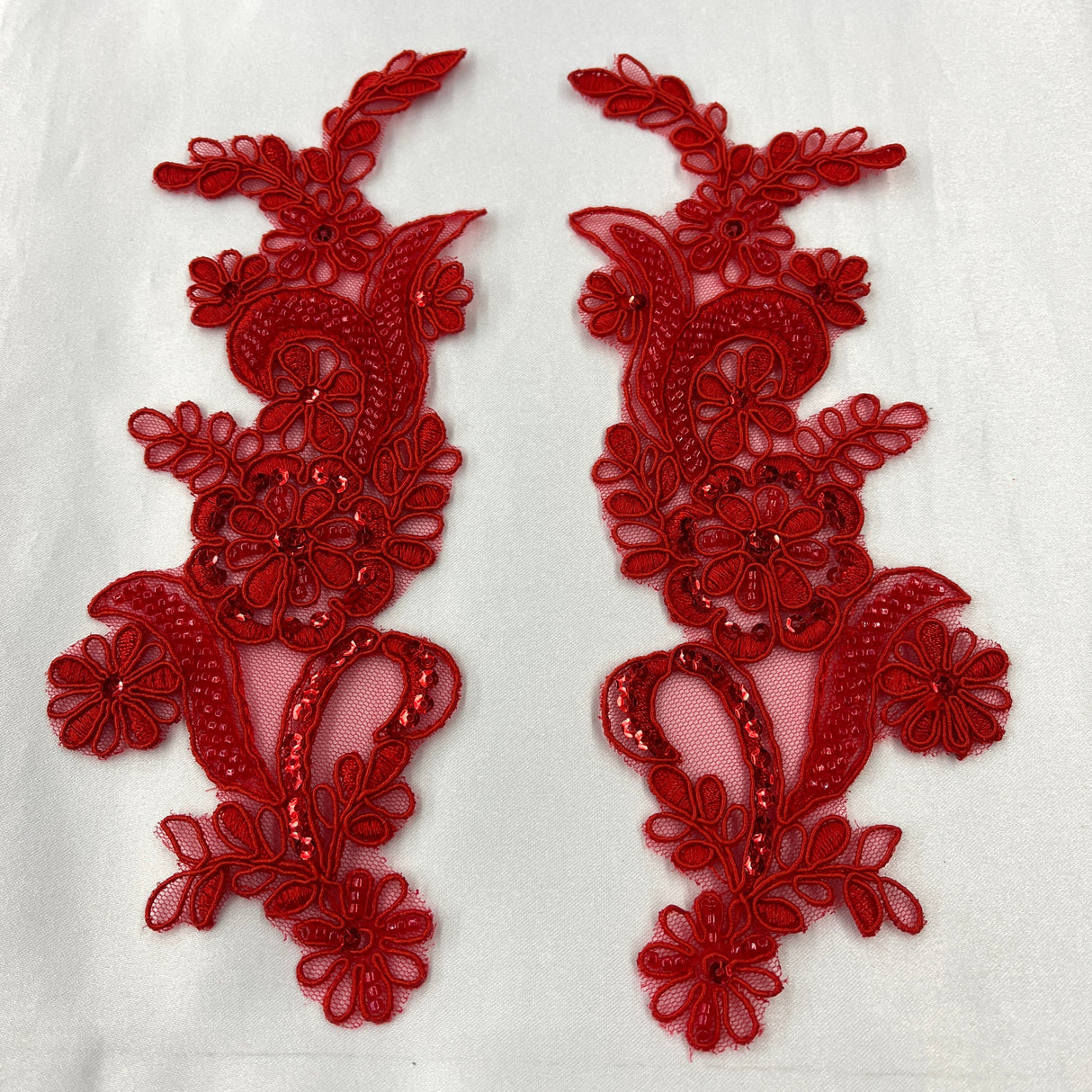 Beaded Corded Floral Lace Applique Polyester Fabric - Floral Embroidered, 9" X 2.5" Each Side (1 Pair)