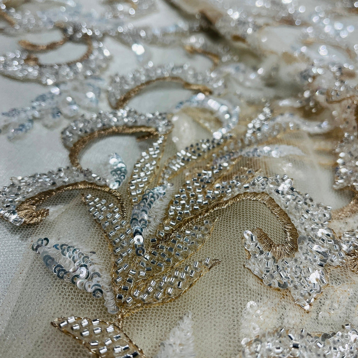 Beaded Lace Fabric Embroidered Mesh Champagne