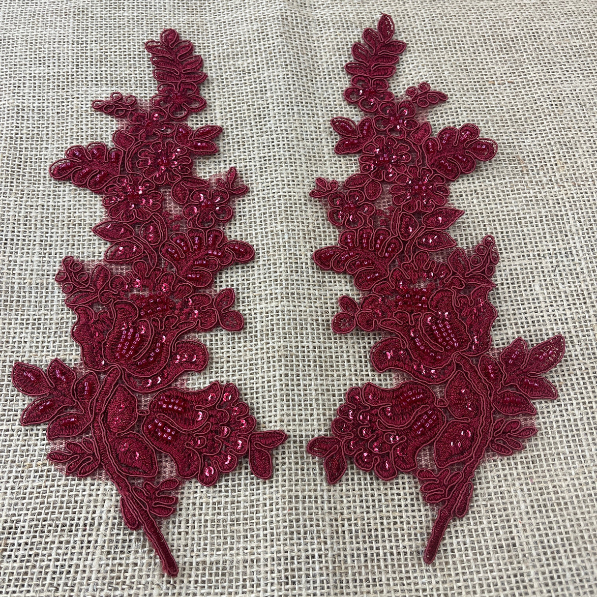 Beaded Corded Floral Lace Applique 100 Percent Polyester Fabric - Embroidered Net Mesh, 12" X 3.5" Each Side (1 Pair)