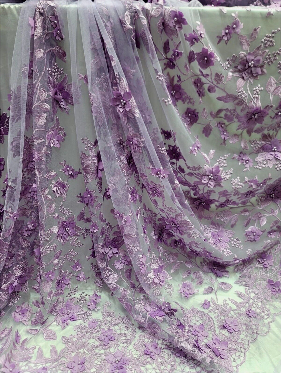3D Floral Embroidered Mesh Lace Fabric Lavender