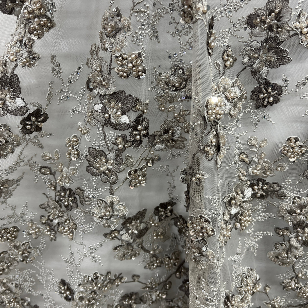 Beaded 3D Floral Multitone Lace Fabric - Sage, 56" Width (1 Yard)