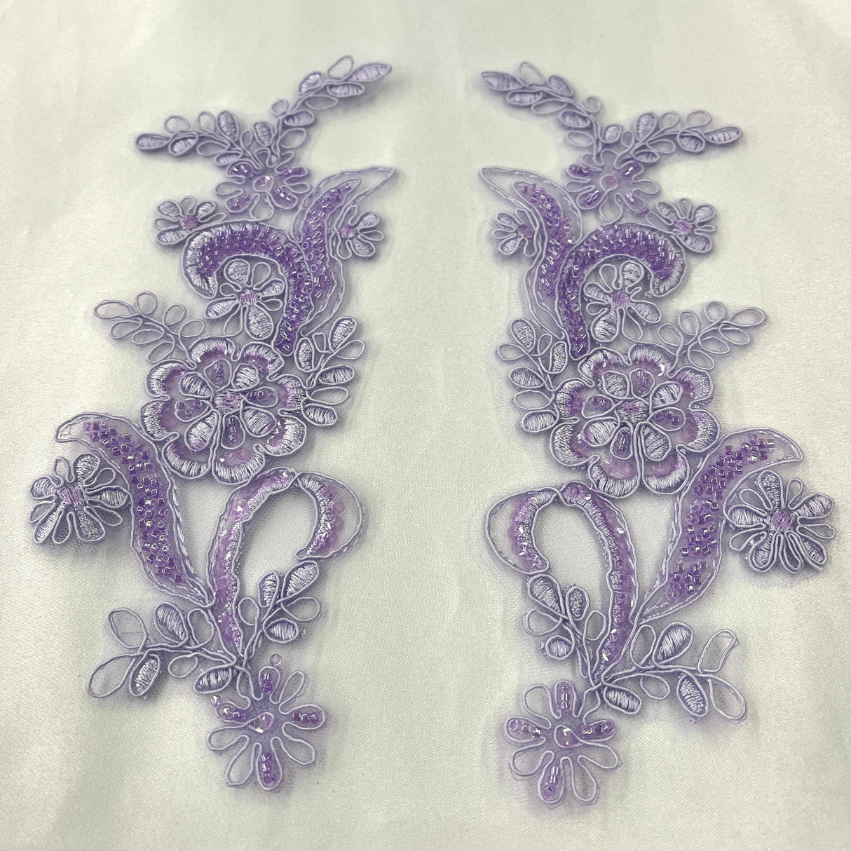Beaded Corded Floral Lace Applique Polyester Fabric - Floral Embroidered, 9" X 2.5" Each Side (1 Pair)