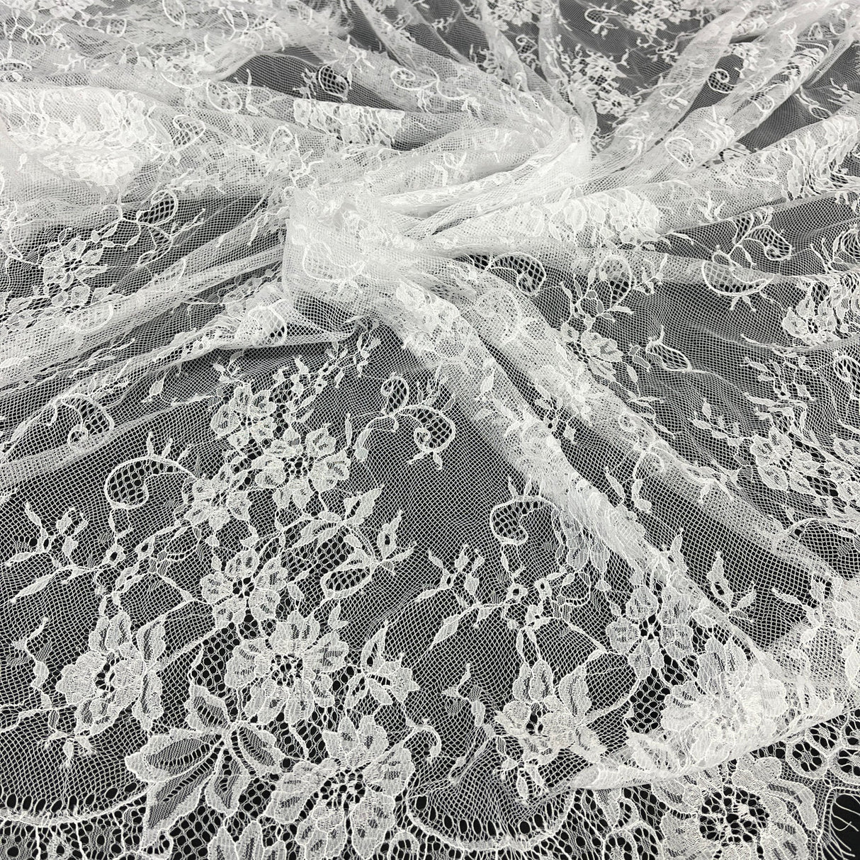 1 Yard Chantilly Embroidered Lace Fabric with Eyelash Scallop, 58" Wide French Lace for Bridal & Evening Wear