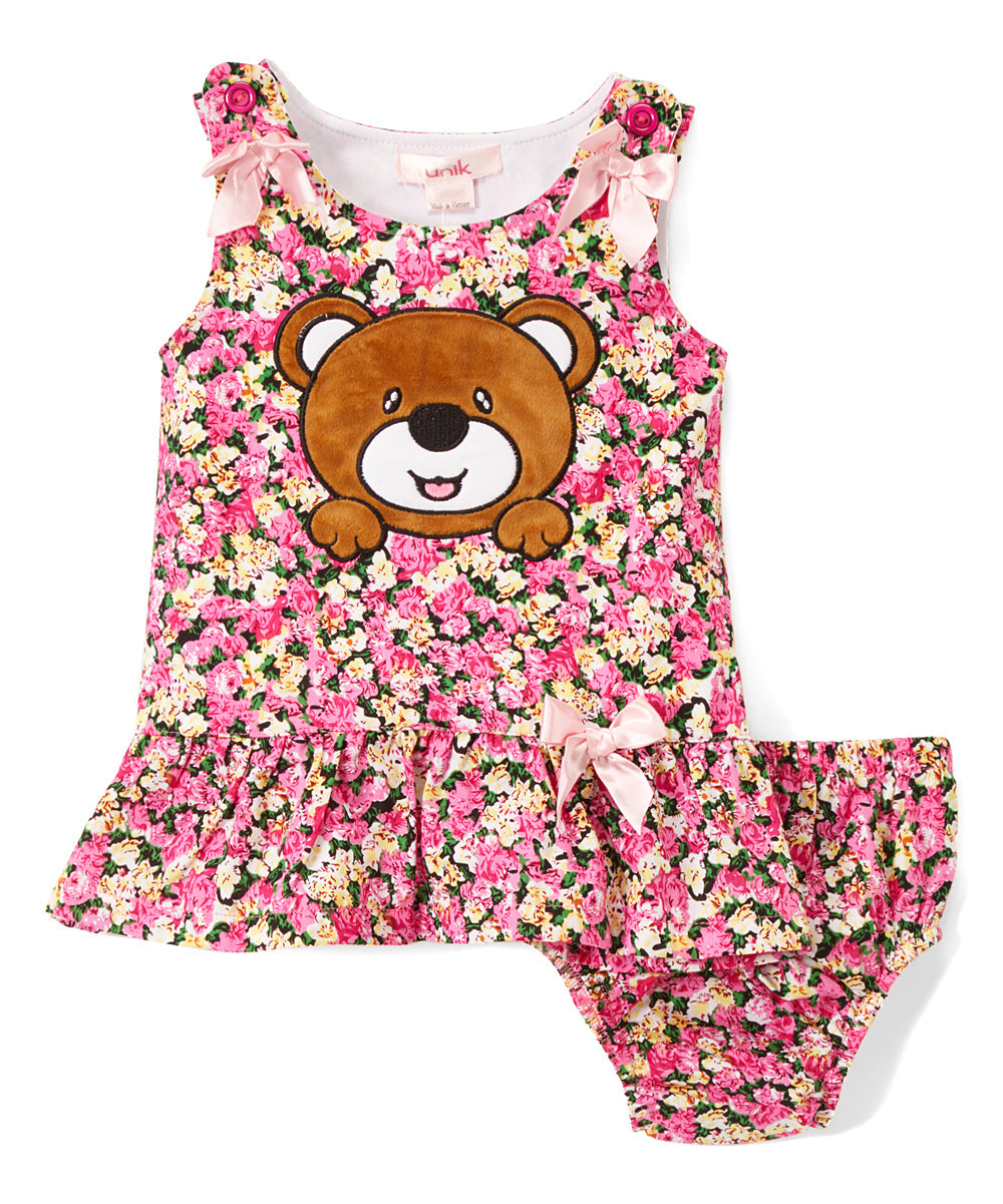 Bear Flower Cotton Baby Dress - Rose, Peony, Daisy, Floral Print (6M/9M, 12M, 18M, 24M)