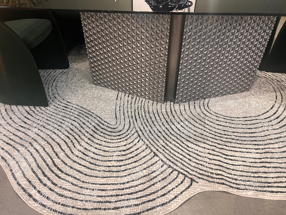 Z328A Polyester Fabric - Cream Sheen Rug With Black, Copper & Silver Touches, Novelty Cut Design (1 Unit)