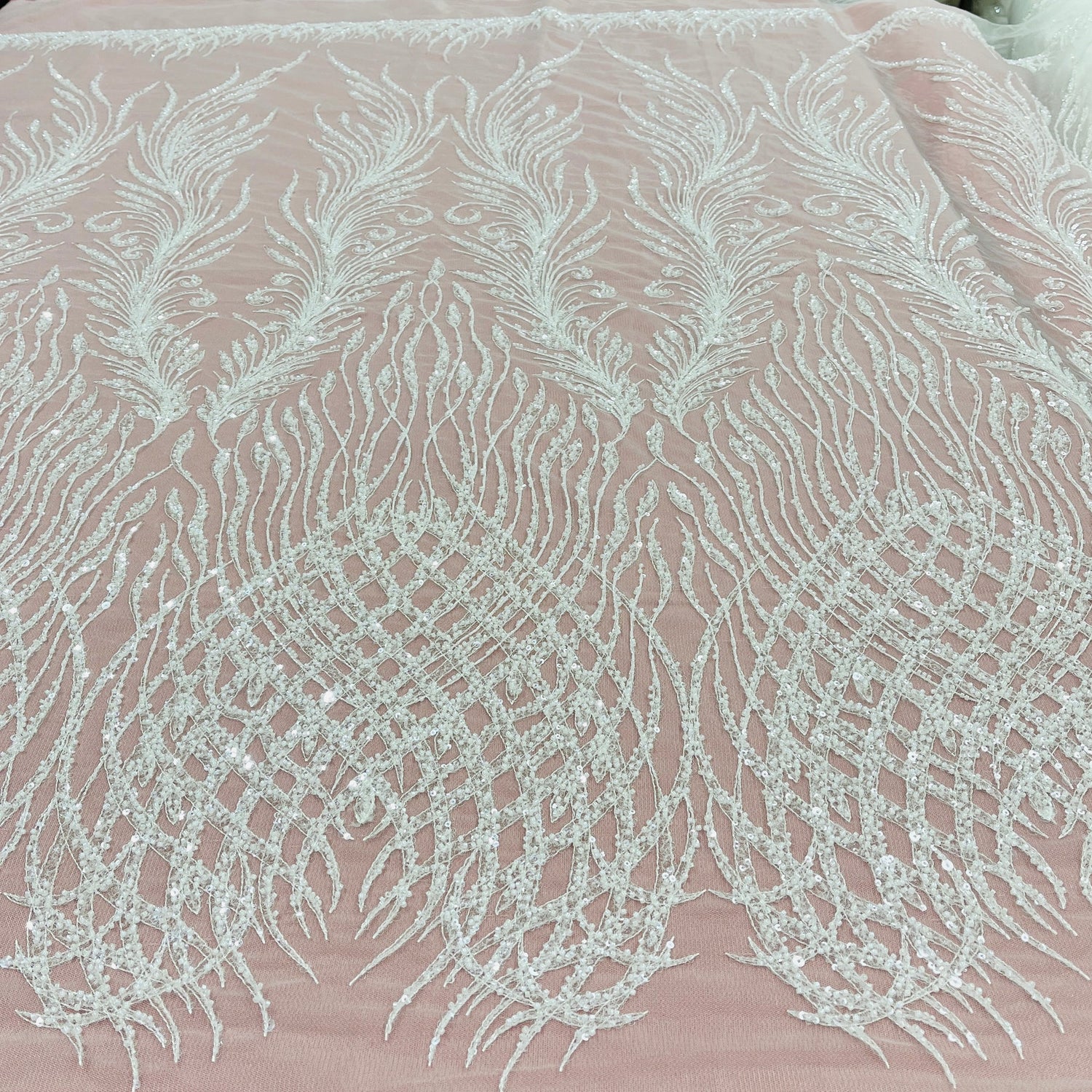 1 Yard Silver Beaded Lace Fabric Embroidered on 100% Polyester Net Mesh 52 Inch Width