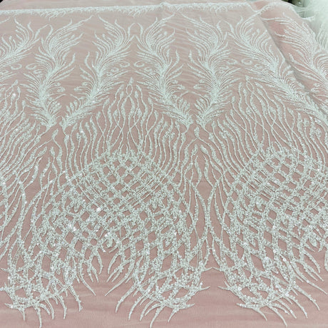 1 Yard Silver Beaded Lace Fabric Embroidered on 100% Polyester Net Mesh 52 Inch Width