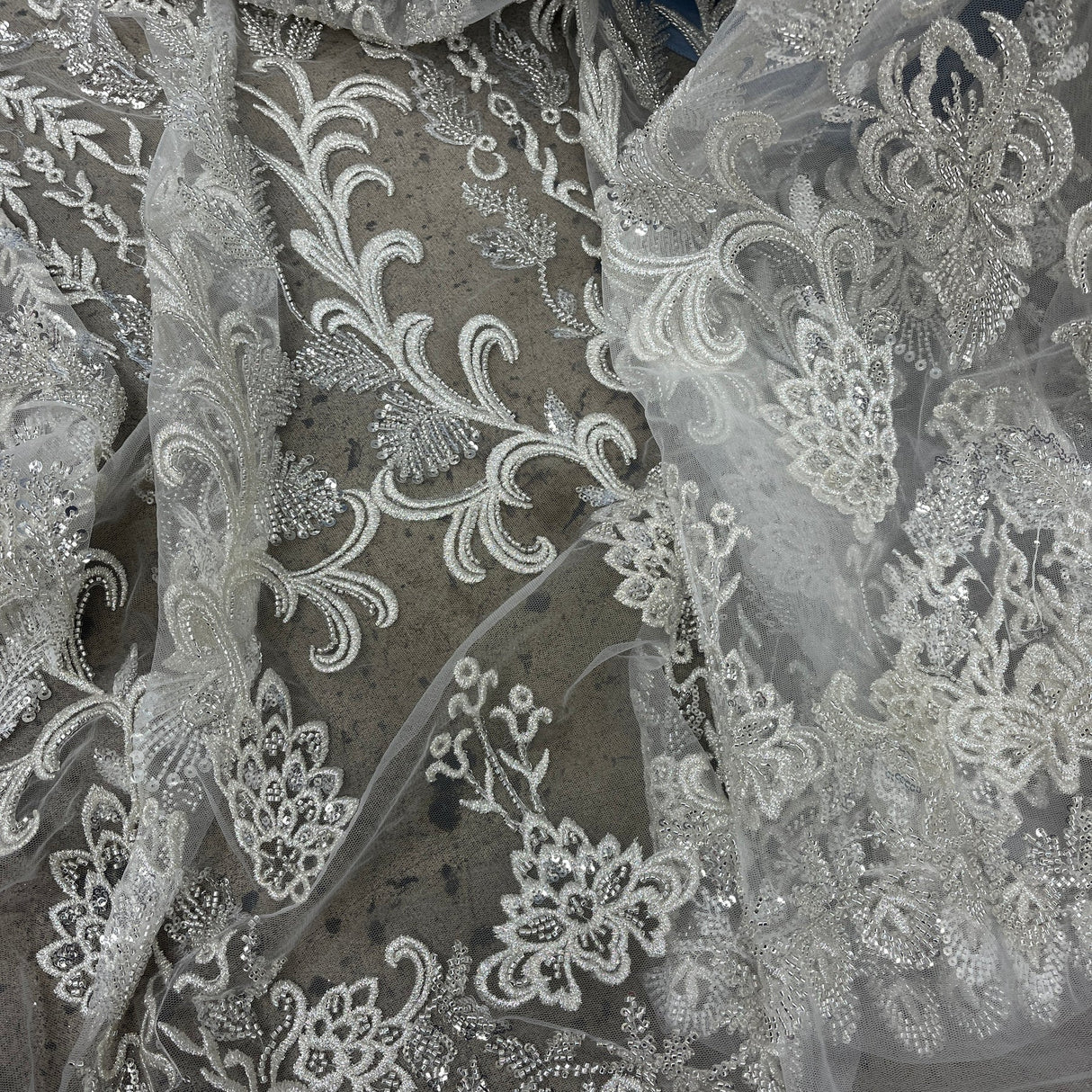 1 Yard Luxury Beaded Lace Fabric Embroidered on Polyester Net Mesh Elegant Bridal & Couture Design 51" Wide