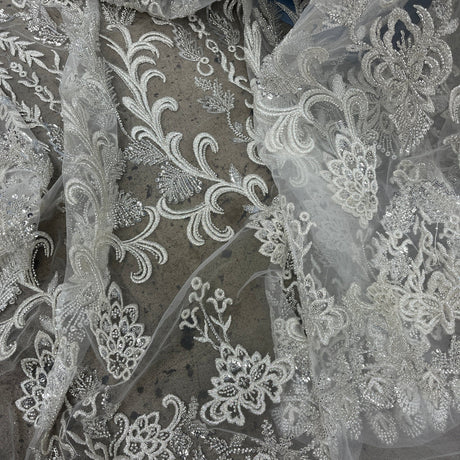 1 Yard Luxury Beaded Lace Fabric Embroidered on Polyester Net Mesh Elegant Bridal & Couture Design 51" Wide