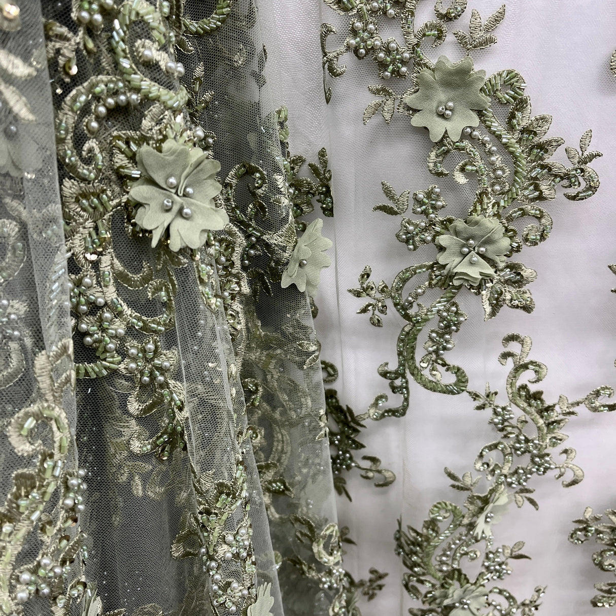 Beaded Floral Lace Fabric 3D Embroidered Net Mesh 52" Wide