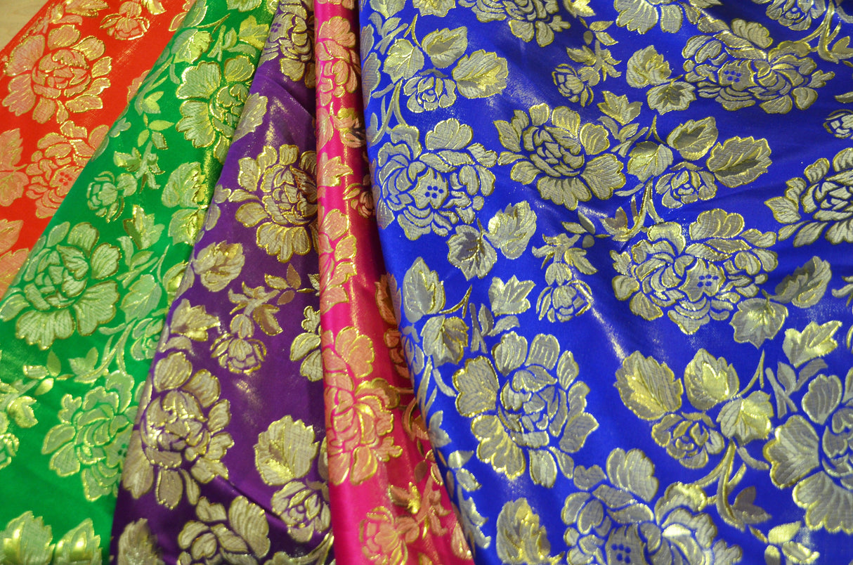 Oriental Metallic Big Flower Brocade Metallic Brocade Fabric - Fuchsia, Red, Flag Green, Royal, Purple, Floral Pattern, 58" Width (1 Yard)