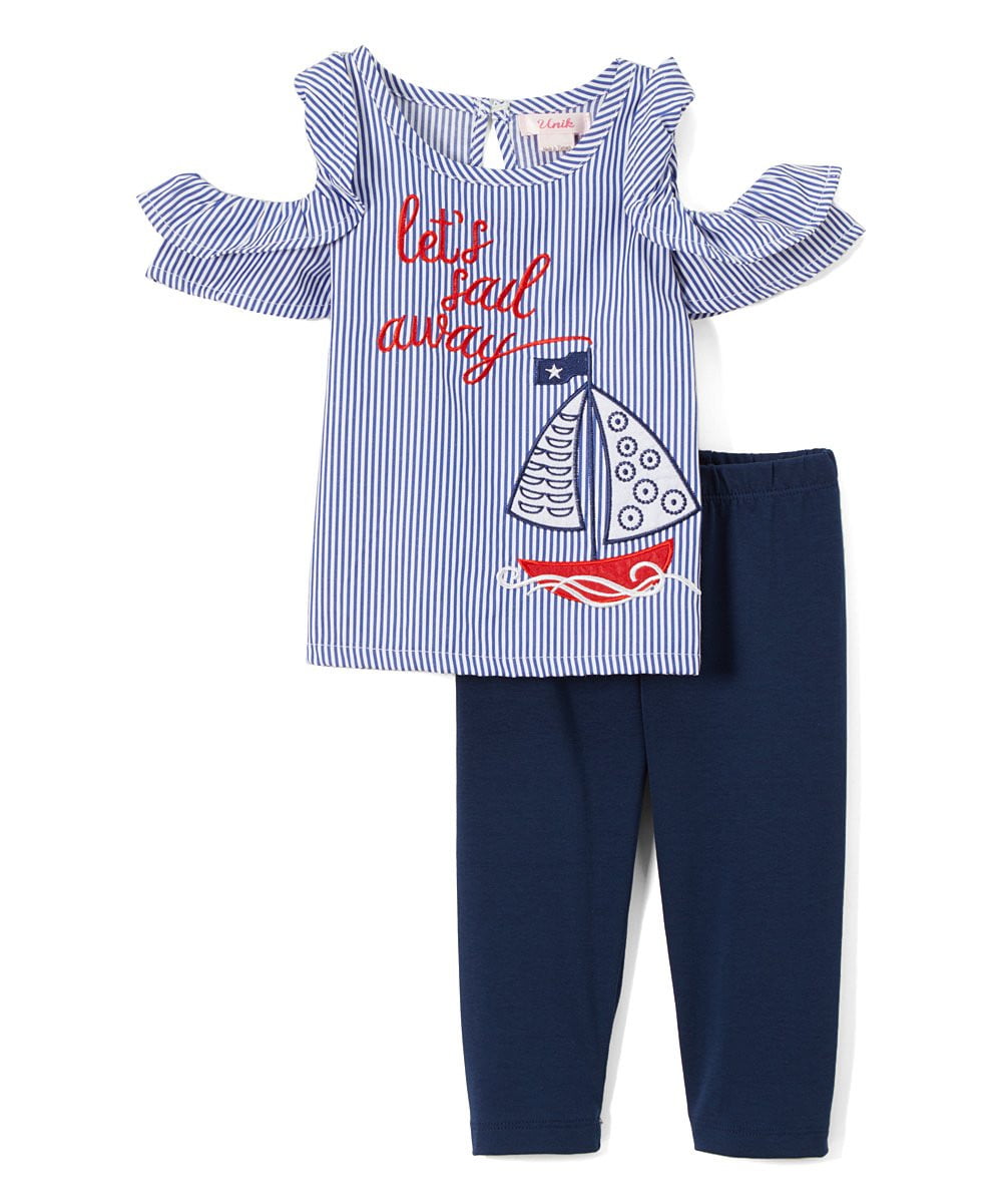 Sail Boat Girl Legging Set Cotton Fabric - Pink, Red, Blue Sail Boat Print (2-8)