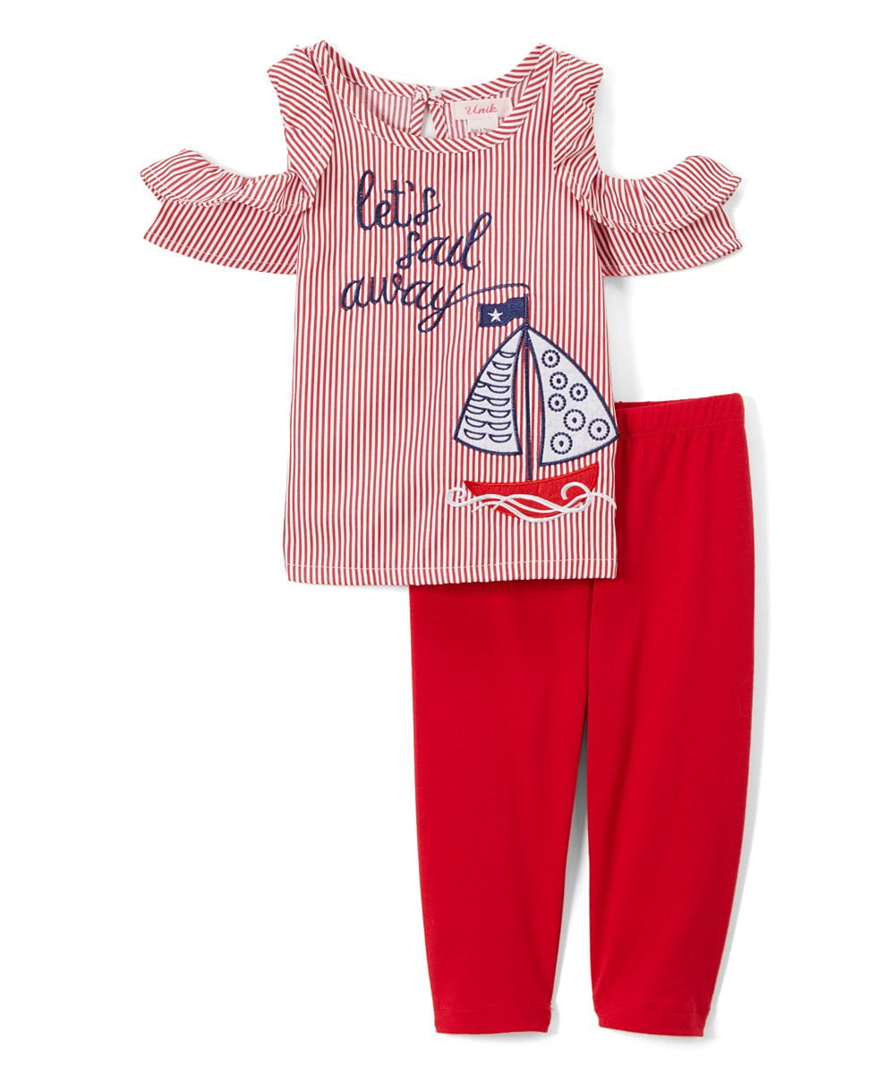 Sail Boat Girl Legging Set Cotton Fabric - Pink, Red, Blue Sail Boat Print (2-8)