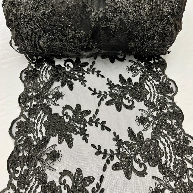 VT-18 Black Sequin Lace Fabric - Black Embroidered Mesh, Sequins, 3 Yard