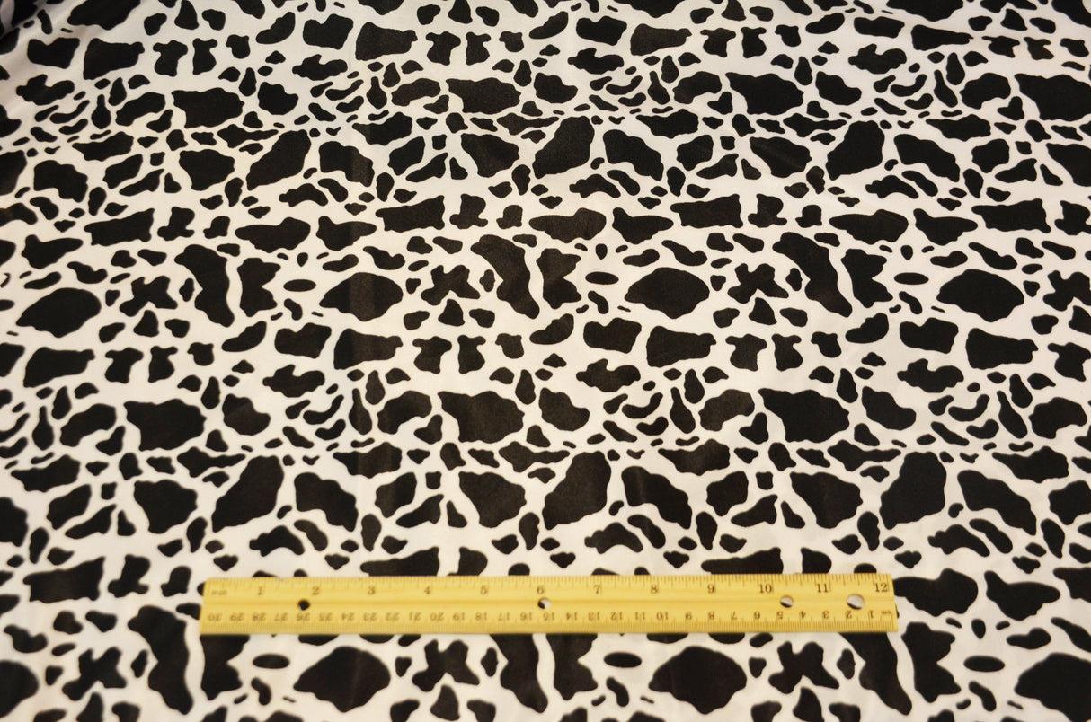 Black Calf Charmeuse Satin Fabric - Black Cow Print, 58/60" Width (1 Yard)
