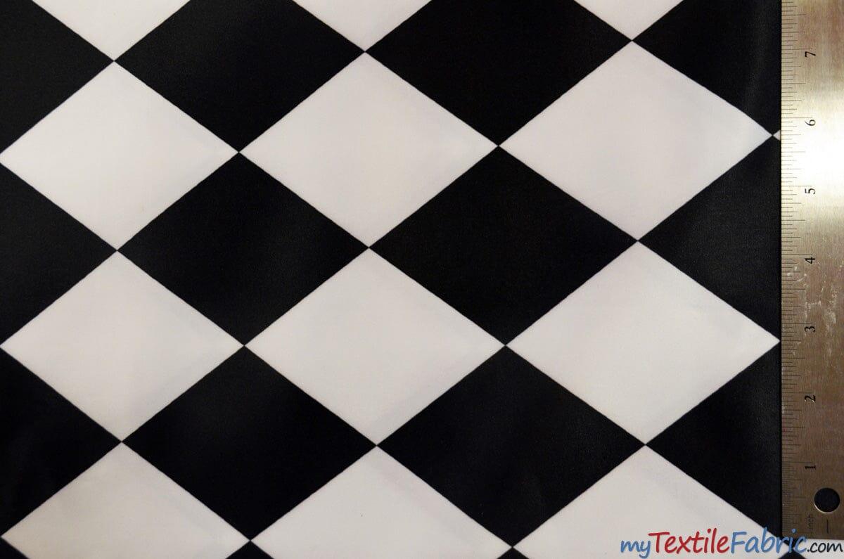 Harlequin Lamour Satin Polyester Fabric - Black White Harlequin Diamond Rhombus Print, 58/60" Width (Yards)