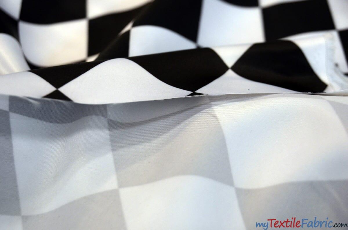 Harlequin Lamour Satin Polyester Fabric - Black White Harlequin Diamond Rhombus Print, 58/60" Width (Yards)