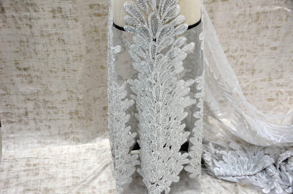 E15170 Polyester Lace Fabric - White Beaded Bridal Embroidery, 50/51" Width (3 Vertical Panels Approx 32-35")
