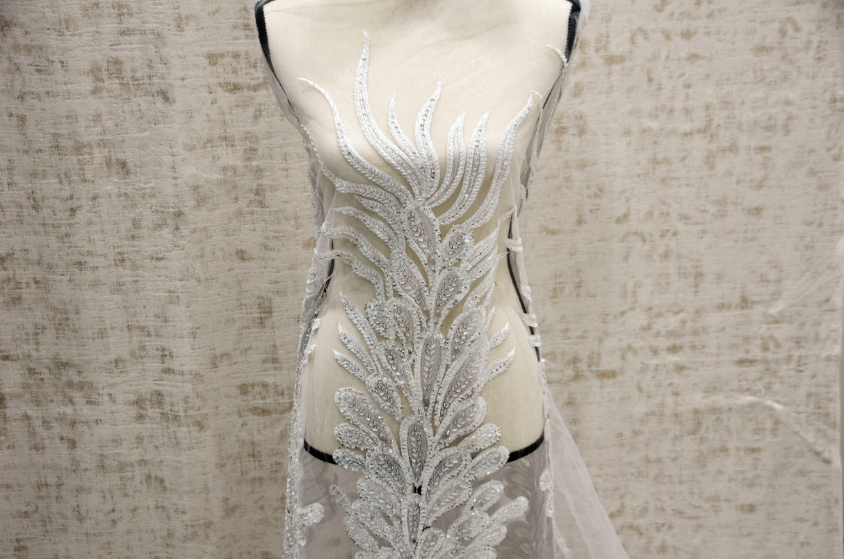 E15170 Polyester Lace Fabric - White Beaded Bridal Embroidery, 50/51" Width (3 Vertical Panels Approx 32-35")