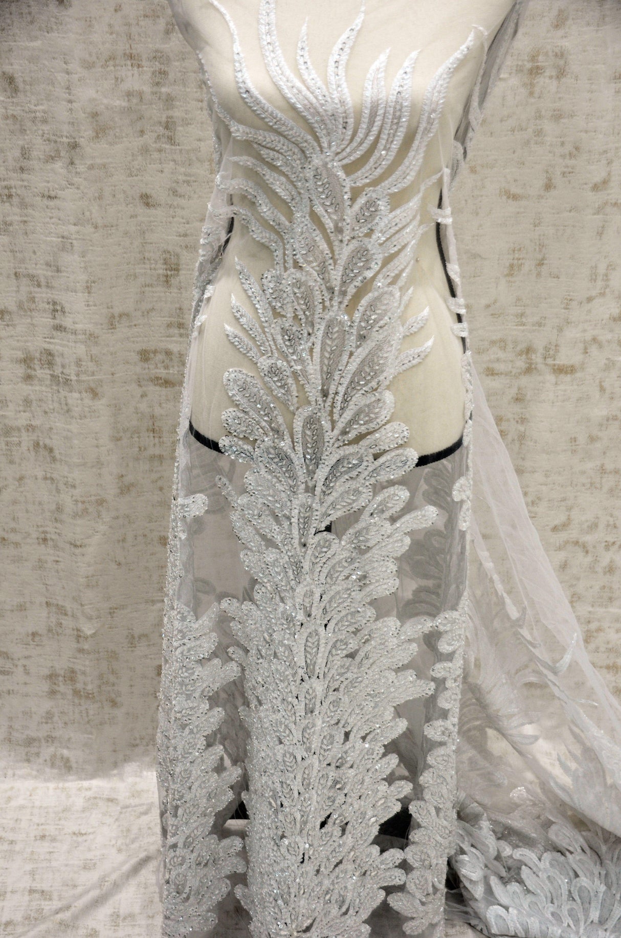 E15170 Polyester Lace Fabric - White Beaded Bridal Embroidery, 50/51" Width (3 Vertical Panels Approx 32-35")