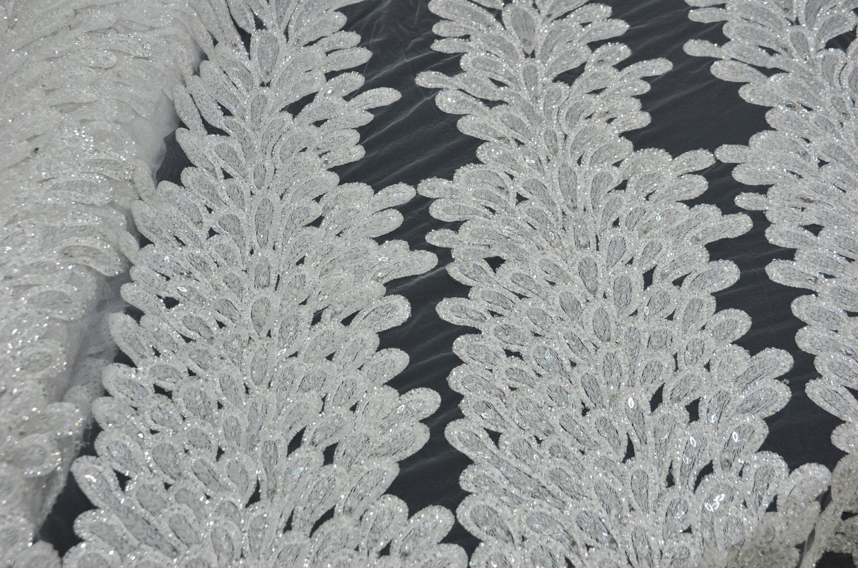 E15170 Polyester Lace Fabric - White Beaded Bridal Embroidery, 50/51" Width (3 Vertical Panels Approx 32-35")