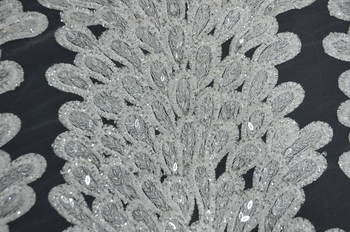 E15170 Polyester Lace Fabric - White Beaded Bridal Embroidery, 50/51" Width (3 Vertical Panels Approx 32-35")